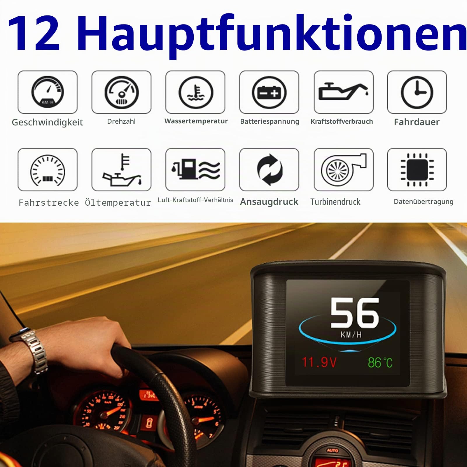 Shkalacar Head Up Display, 2,2 Zoll- Digital OBD2 HUD Display mit Intelligente Erinnerung, Alarmsystem, Autoleistungstest, Auto Tachometer und Water Temperature Meter