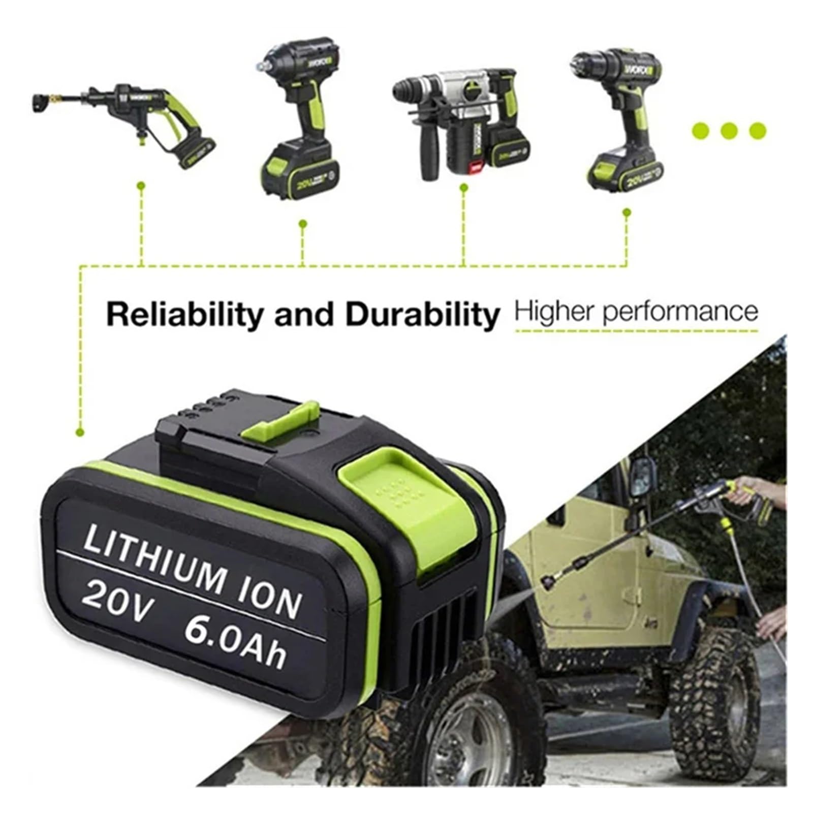 Batería de litio recargable de 20V y 6,0Ah, Compatible con herramientas eléctricas y de jardín Worx, WA3553/WA3551/WA3570/WA3553.1, de alta capacidad(5.0AhX1)