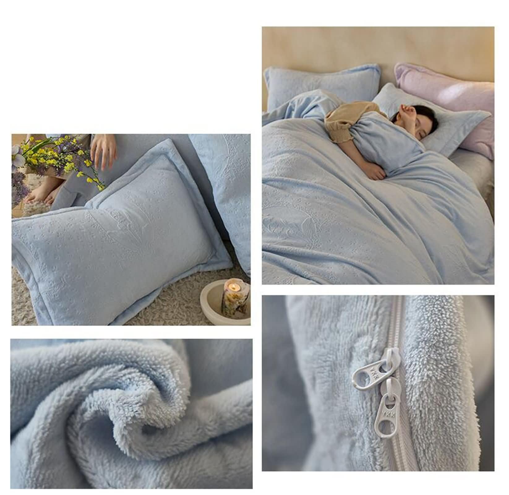 4-częściowy komplet pościeli na łóżko 180 cm, poszwa na kołdrę 220 x 240 cm, prześcieradło z gumką 180 x 200 cm, 2 poszewki na poduszki, wzór bukietowy, miękki aksamit, jasnoniebieski