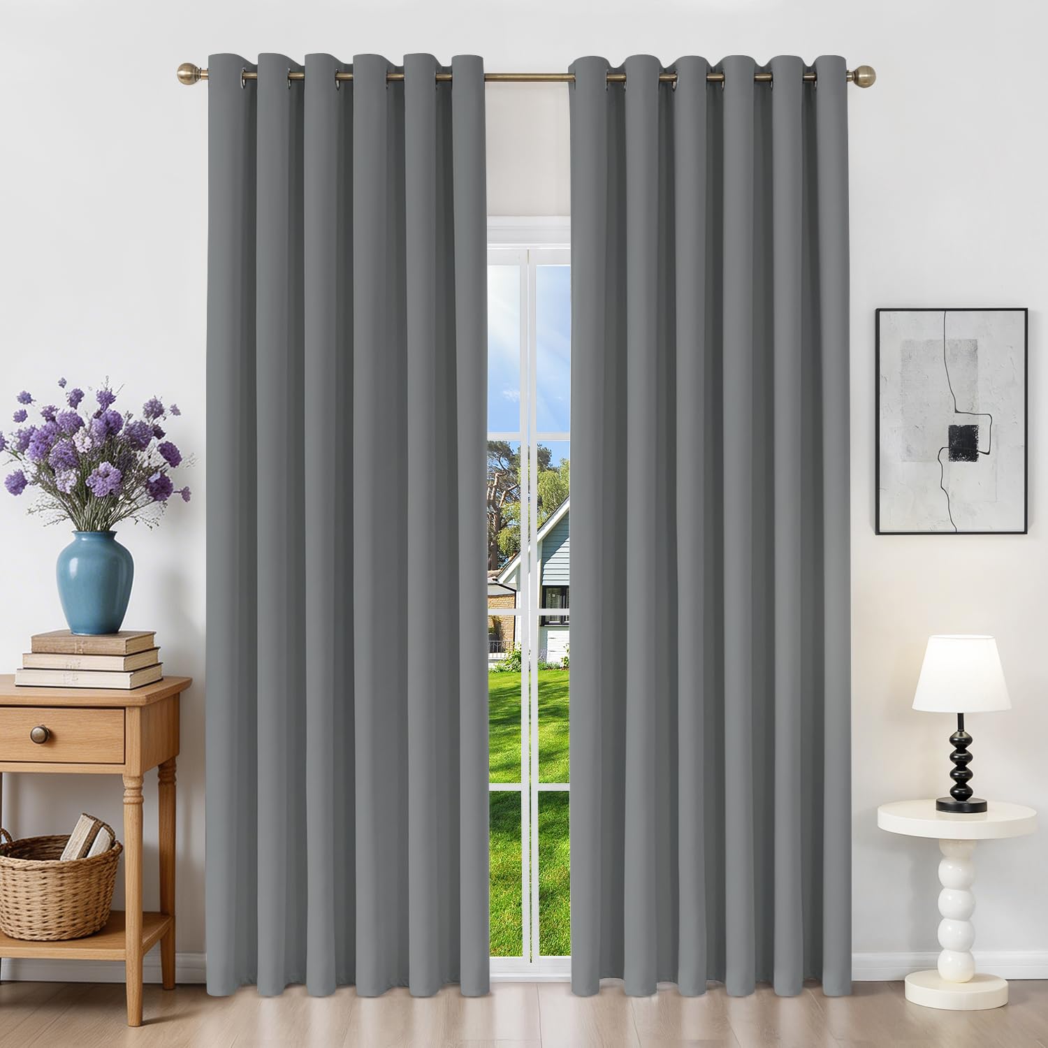 Runyéla Blackout Curtains for Bedroom Eyelet 90 x 90 Inch Drop Grey Thermal Black Out Curtain for Living Room, 2 Panels, Light Grey