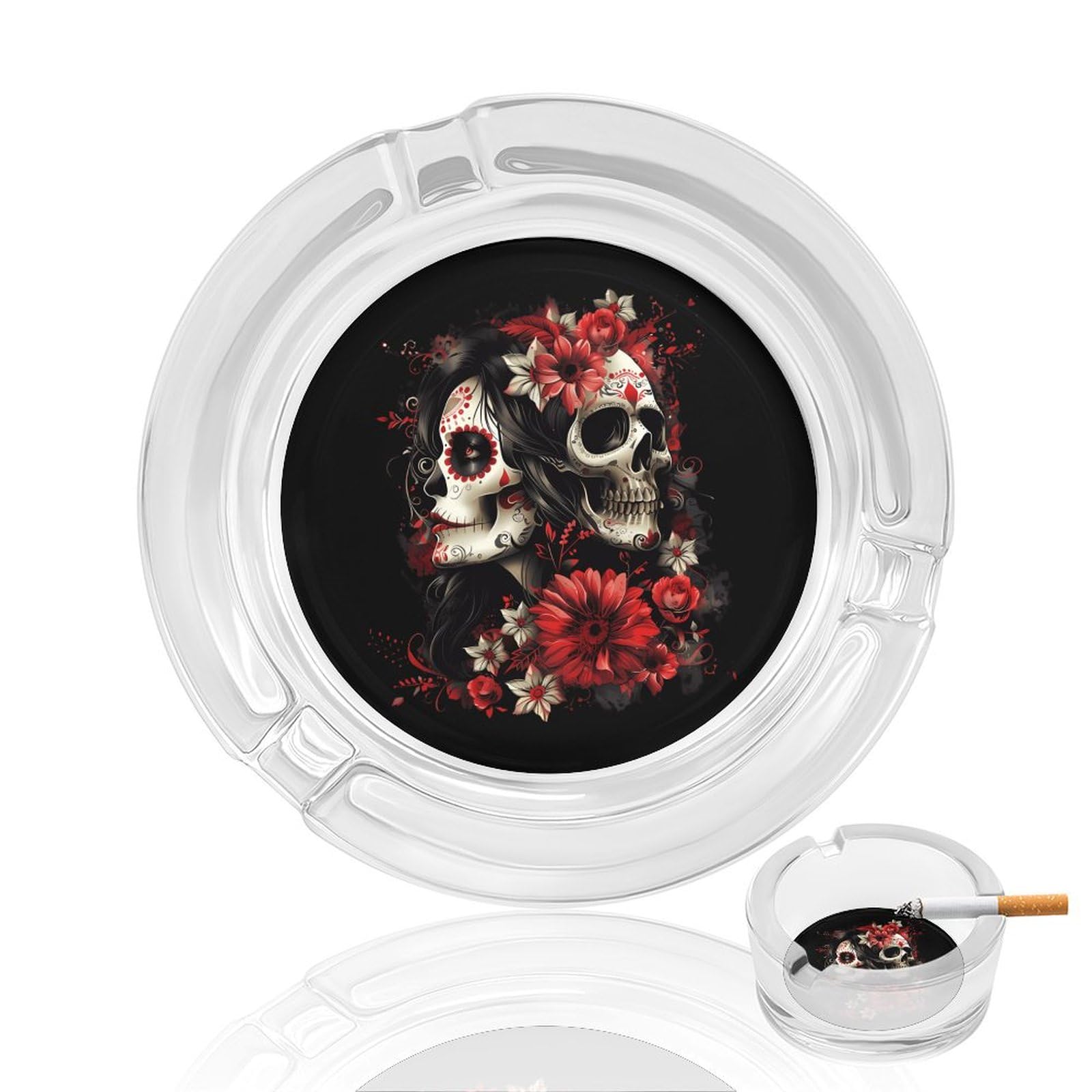 Smazdfxx Women's As Pic Mexican Day Of The Dead Goth Round Glass Smoking Ashtray Decorative Cigarettes Cigar Ash Tray With 3 Slot For Indoor Outdoor