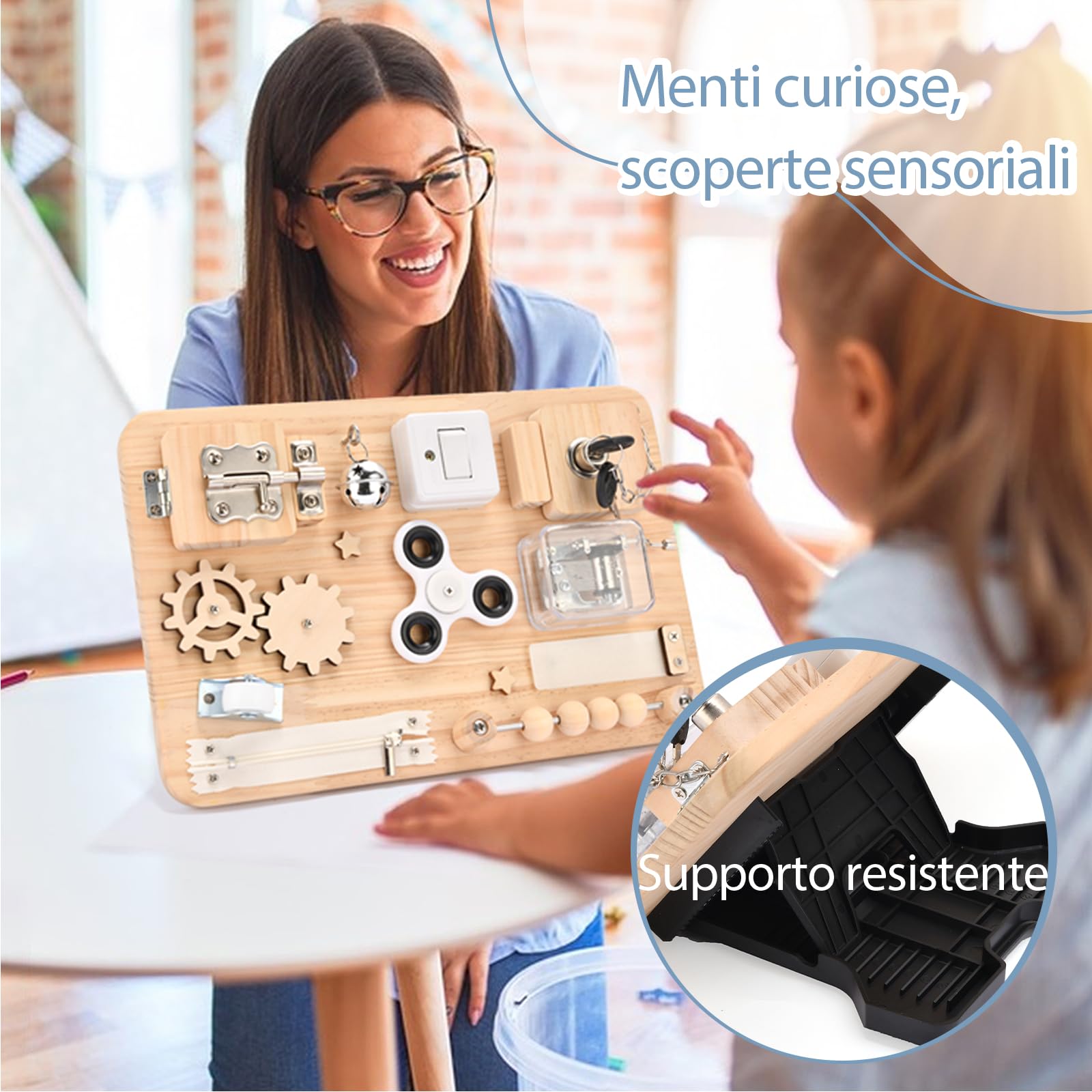 potatomato Busy Board Montessori in Legno - Gioco sensoriale ed educativo per Bambini - attività Manuale e Gioco da Viaggio Bambini e Compleanni