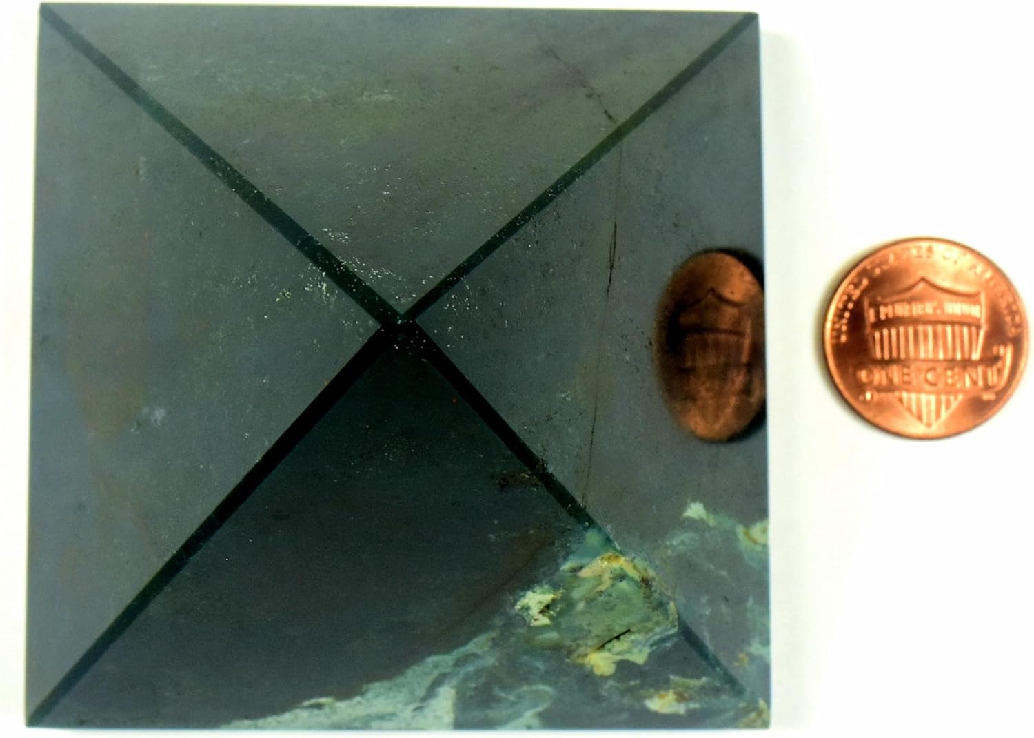 HC Set: 67mm Green Bloodstone Pyramid Natural Heliotrope Crystal Polished Chalcedony Mineral Blood Jasper Pyramid - India + One Polished Clear Quartz Cabochon