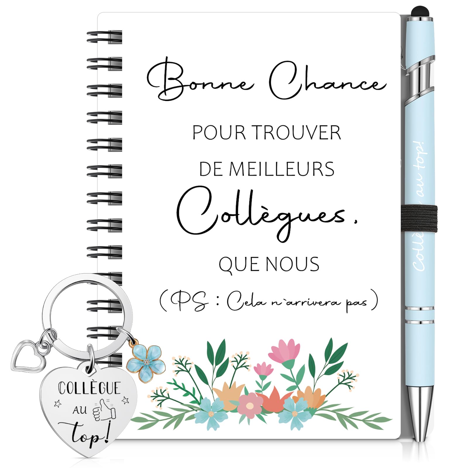 Sinmoe Cadeau Collègue de Travail Femme Remerciement Noël Set 3 Pièces Mini Carnet Spirale Stylo Bille Porte-Clé Départ Retraite Bleu Brume