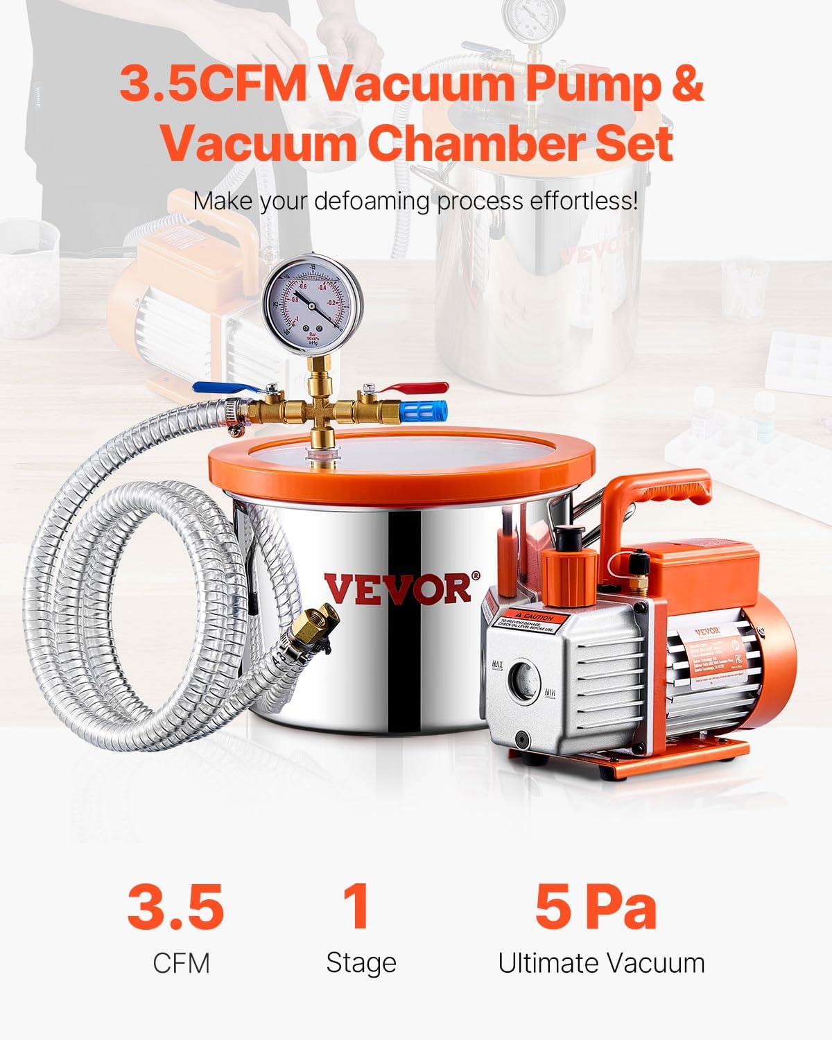 VEVOR 1.5 Gallon Vacuum Chamber and 3.5 CFM Pump Kit, Stainless Steel Chamber, Single Stage Vacuum Pump Degassing Chamber Kit, with Acrylic Lid, Oil, 4.92 ft Hose, for Degassing Resin Silicone Epoxies 1.5 Gallon Acylic Lid,3.5 CFM