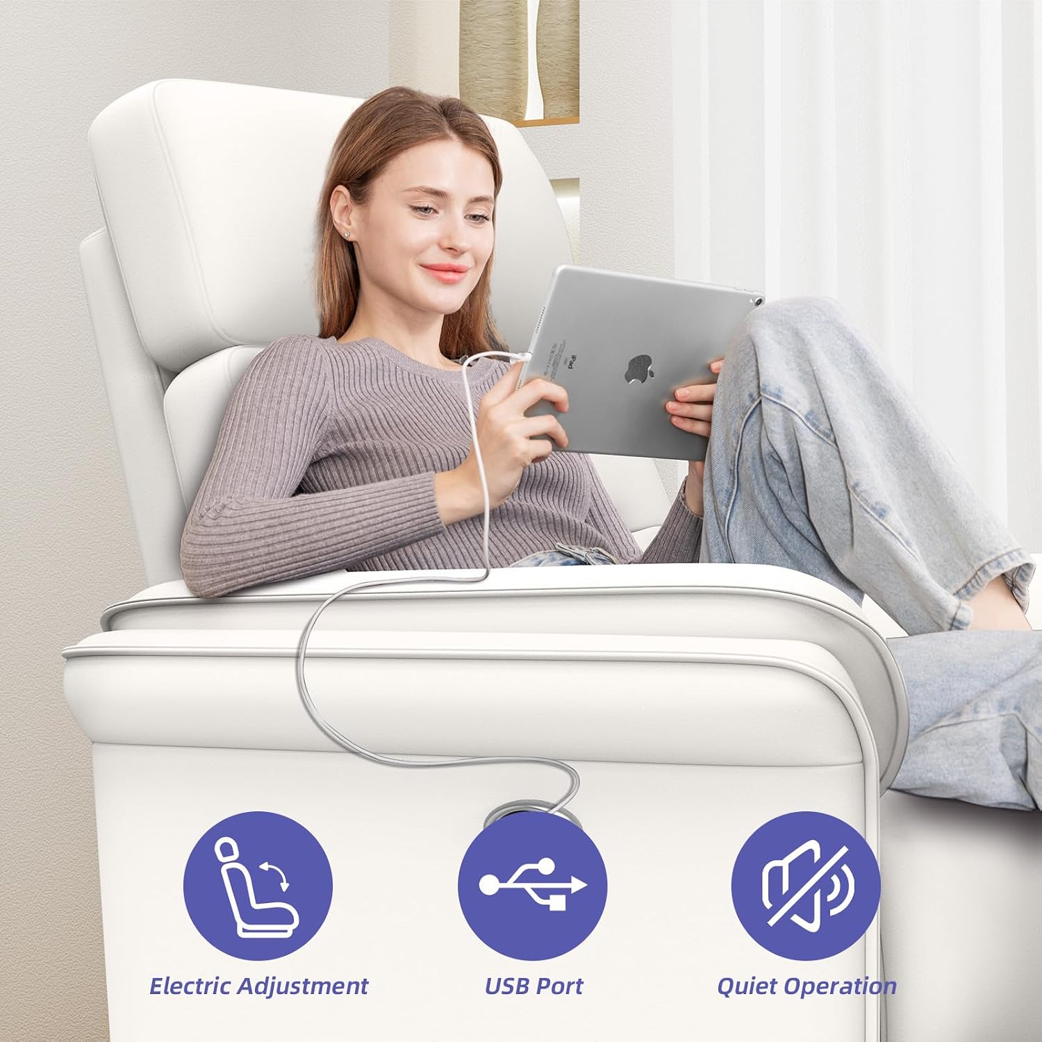 BedsPick Fabric Power Recliner Chair, Ultra-Comfy Velvet Reclining Chair with Overstuffed Arms & USB Port, Recliner Chairs for Adults, Modern Recliner for Living Room, Bedroom(Off White)