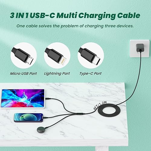 Miniatura 2 de Travel Vacation Essentials Cable de Carga Múltiple USB C, Paquete de 2 Cables de Carga 3 en 1 de Nailon de 4 Pies para Múltiples Dispositivos con