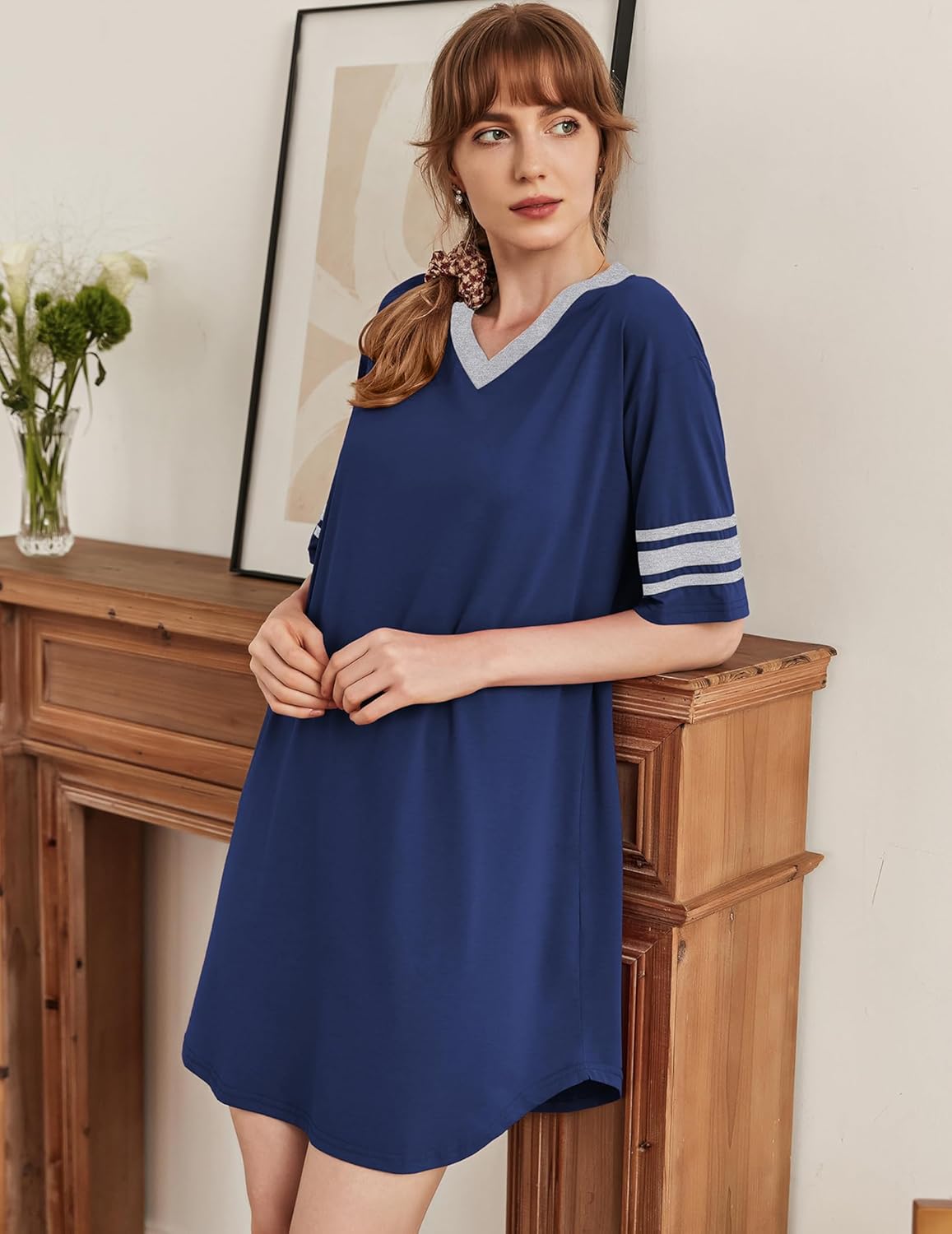 Ekouaer Nightgowns for Women Cotton Night Gown Short Sleeve Sleepwear V Neck Color Block Sleep Shirts Ladies Night Shirts - Image 2