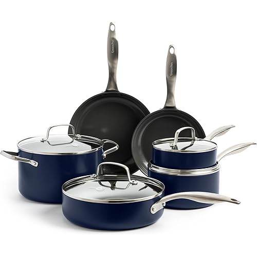 GreenPan Canterbury 10 Piece Cookware Pot and Pans Set, Hard Anodized PFAS-Free Healthy Ceramic Nonstick, Stainless Steel Handles, Versatile Cooking Essentials, Dishwasher & Oven Safe, Oxford Blue