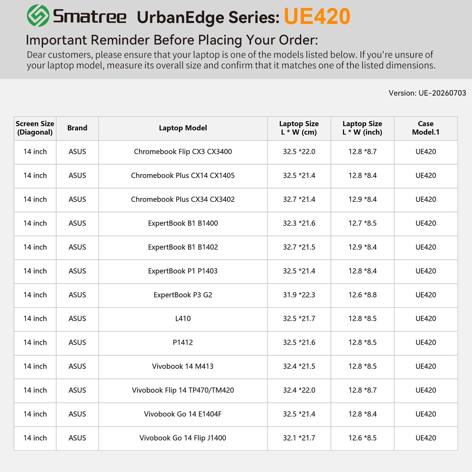 Smatree UrbanEdge Etui na laptopa do 14 cali ASUS Chromebook Flip CX34/Plus CX14/Plus CX34;ExpertBook B1/P1/P3 G2;ASUS L410/P1412;Vivobook 14/Flip 14;Vivobook Go-14 E1404F/Flip J1400(UE420)