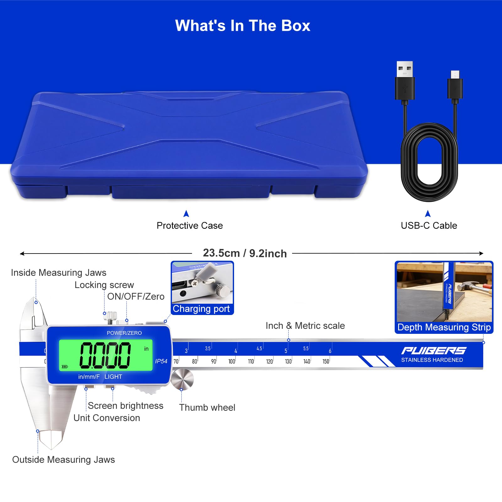electronic calipers, IN/MM, waterproof electronic display, precise measurement.