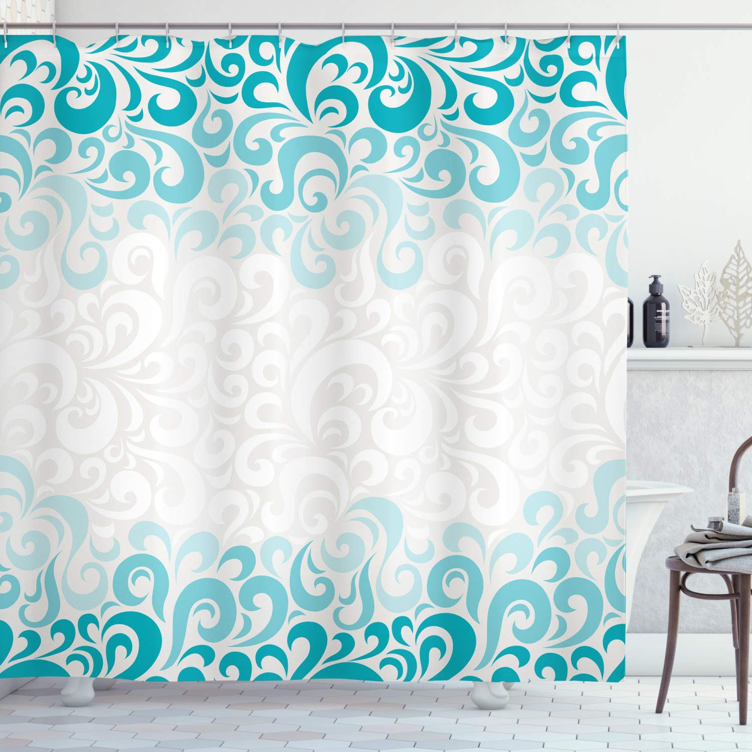 ABAKUHAUS Turquoise Shower Curtain, Abstract Floral Flowers Pattern Classic Design Illustration