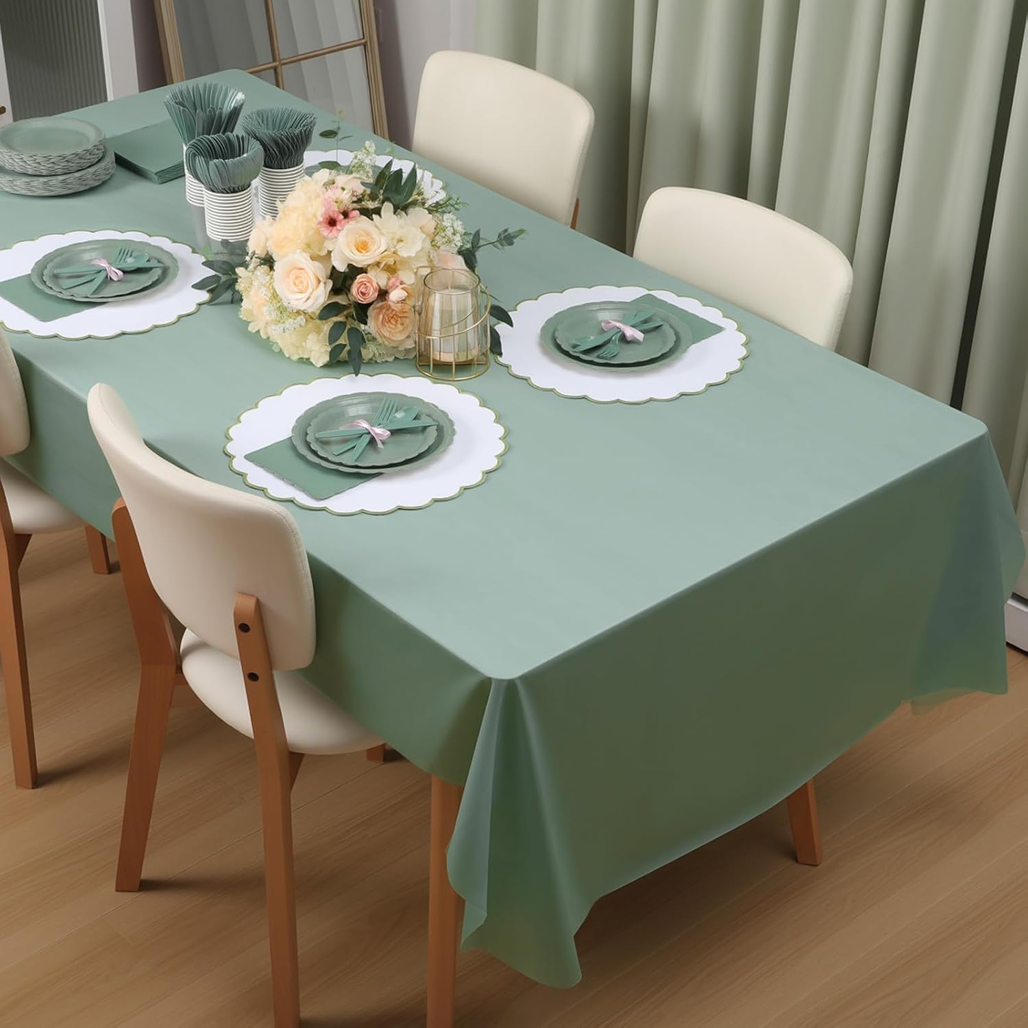 352 Pcs Sage Green Party Supplies Serve 50 Guests Sage Green Disposable Party Tableware Paper Scalloped Plates Cup Napkin Plastic Cutlery Tablecloth for Birthday Wedding Bridal Baby Shower
