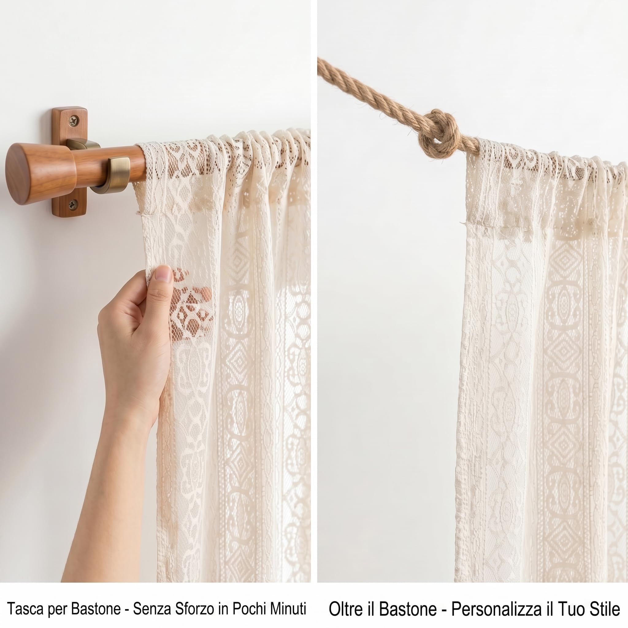 Tende boho beige, set da 2 pezzi, H183 x L132 cm, motivo geometrico traforato effetto macramè, tende semitrasparenti con tunnel per bastone 7,5 cm, stile vintage, soggiorno camera