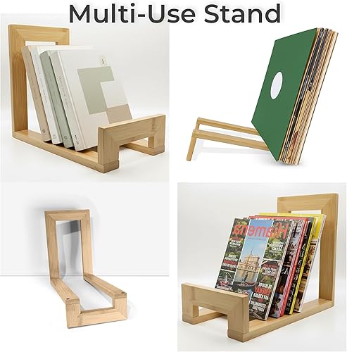 Miniatura 6 de Soporte de grabación de vinilo de bambú capacidad para 15-40 LPS, libros y revistas, organizador para leer, fácil montaje de 4 tornillos, diseño