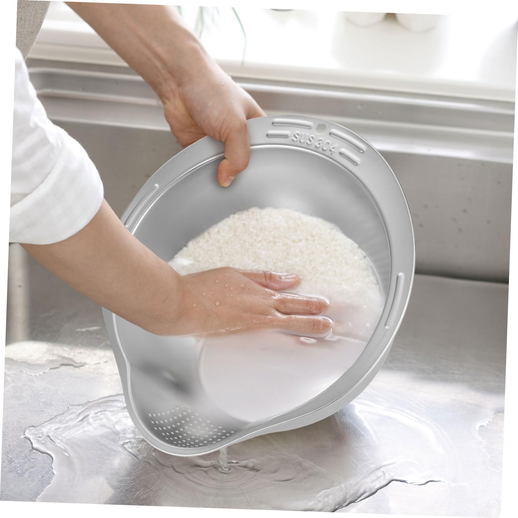 Hemobllo Lavadero de Arroz Colador Multifuncional de Acero Inoxidable para Lavar Arroz Verduras Frutas Enjuague Drenaje Fregadero