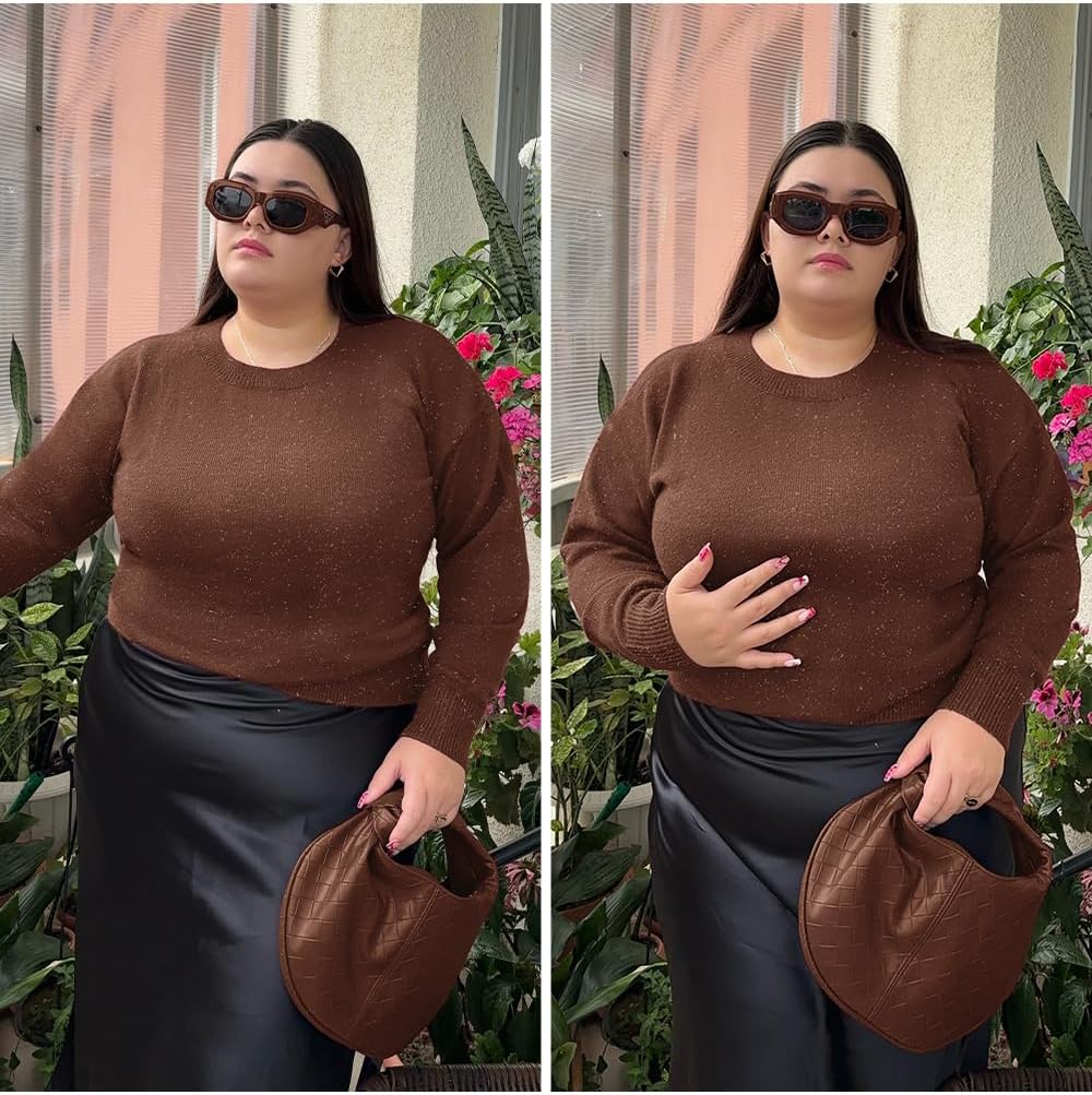 CARCOS Plus Size Sweaters for Women Solid Crew Neck Knit Tops Casual Long Sleeve Pullover Sweater Sparkly Tunic Shirts - Image 5