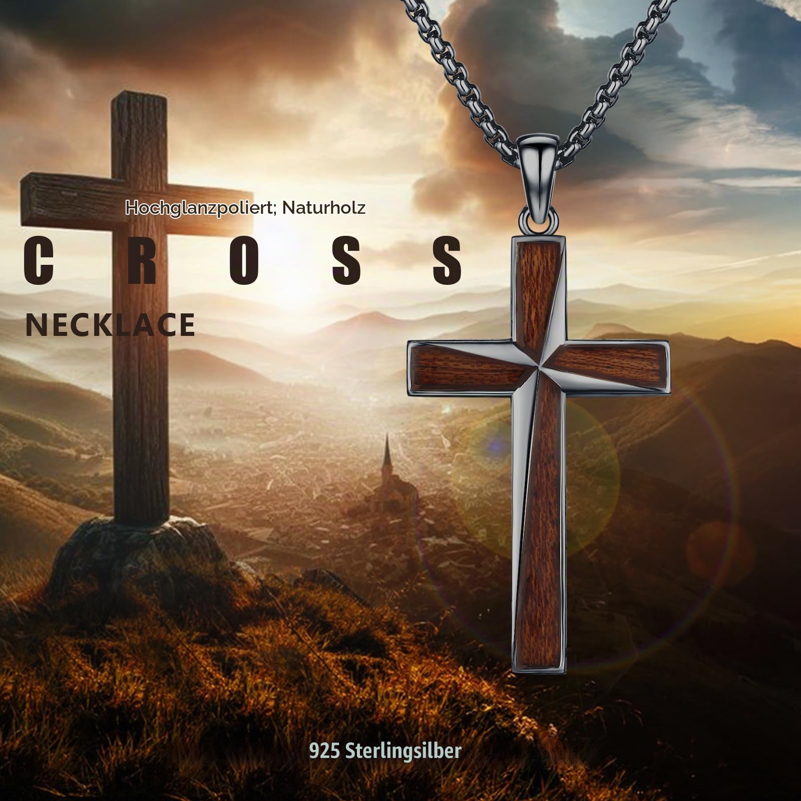 REDSUN Holzkreuz Kette S925er Sterling Silber Großes Kreuz Anhänger Ebenholz Schutzamulett Halskette Schmuck für Männer Herren Frauen 22+2'' Edelstahlkette