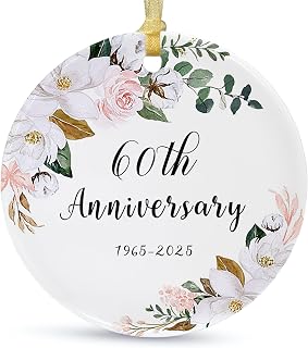 SIABERTERL 60th Anniversary Ornament 2025,60th Anniversary for Couple Parents,60 Years Anniversary Ceramic Ornament for Home Weddings with Ribbon and Love Color Gift Box