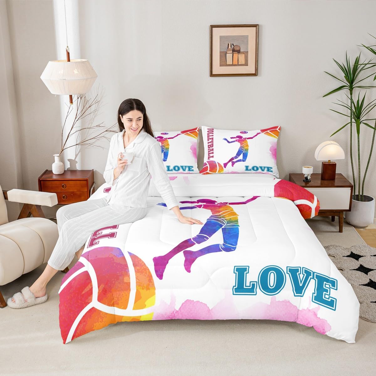 Volleyball Player Kids Comforter Set Twin Size,Sports Games Competition Bedding Set,Girls Boys Adults Room Decor,Hand Painted Graffiti Fashion Down