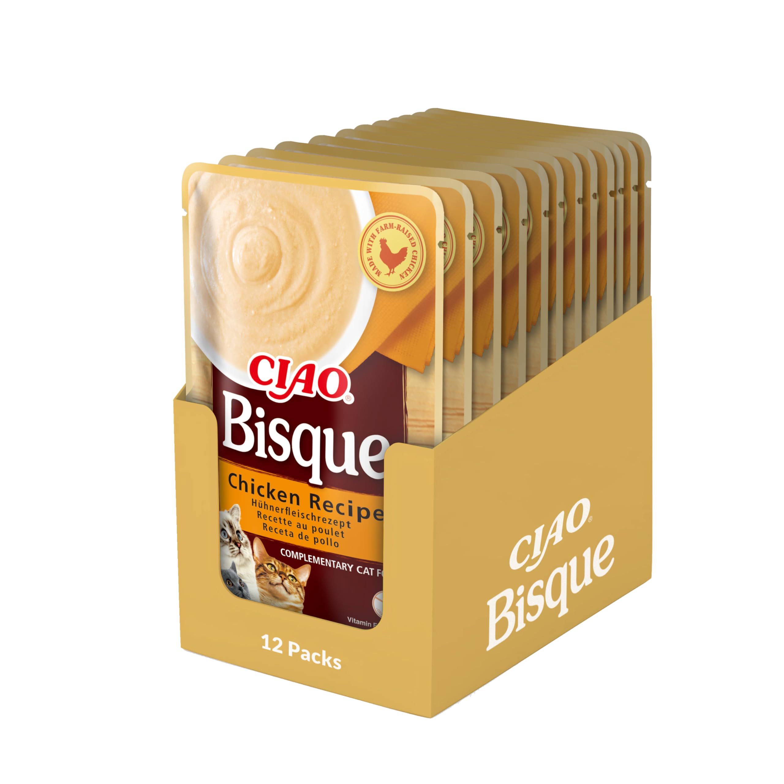 INABA Churu Gatos -Snacks de Puré - Receta de Pollo - Premios Cremosos Saludables - Sin Cereales, Conservantes, Colorantes - Sólo 16 Calorías - 480G(12x40g)