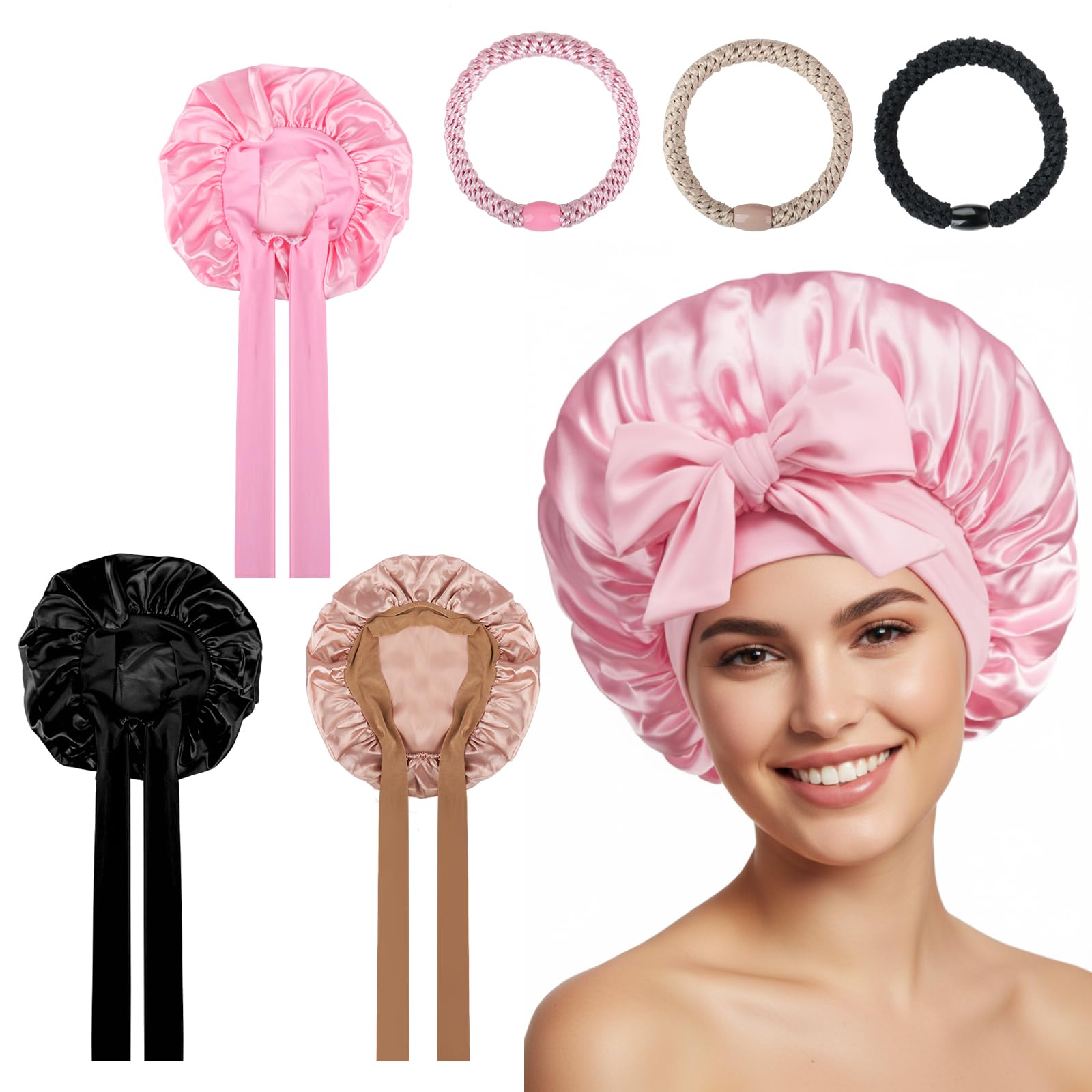 3 PzCuffia Seta Capelli Notte Ricci, Cuffia in Seta per Dormire, Cuffia Ricci Notte, Bonnet per Capelli Ricci, con 3 Elastici per Capellio (3 colori)