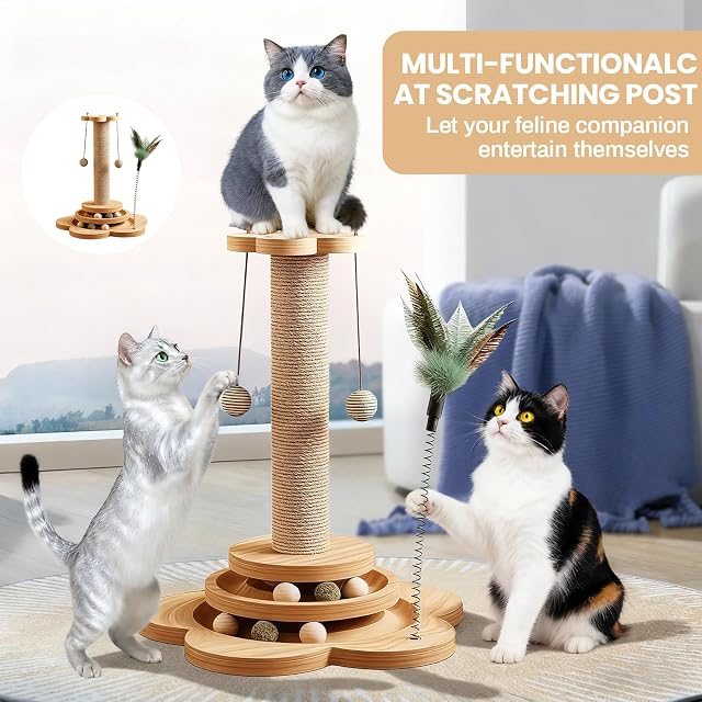 Foto 5 de 7 de Juguetes Gatos Interactivos, Rascador para Gatos 4 en 1 árbol Rascador para Gatos con Pelota Giratoria Plumas…