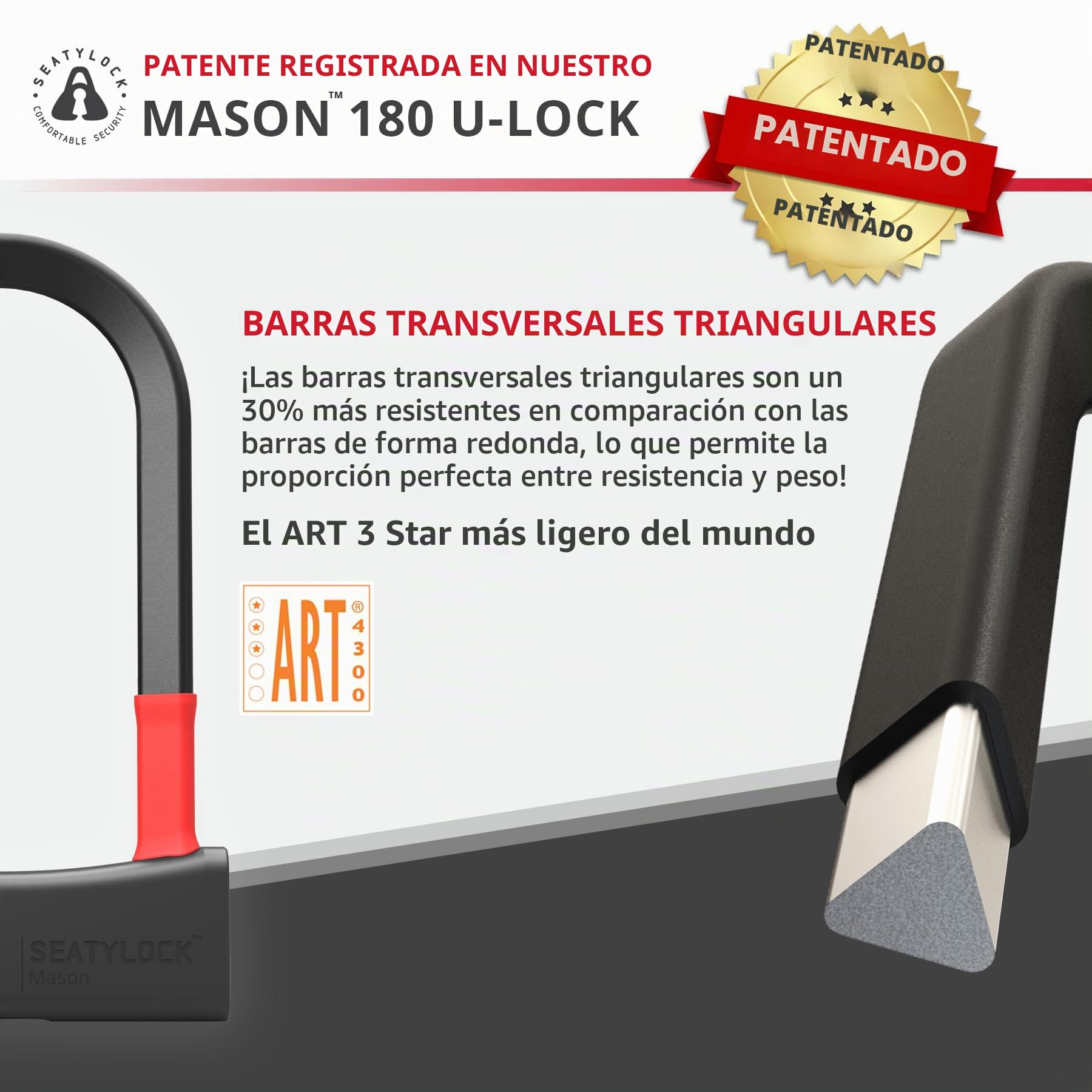 Seatylock Mason Bike U Lock - Bloqueo en U patentado de alta resistencia antirrobo de diamante seguro ULock - Herramienta de seguridad para bicicleta de seguridad con llaves para bicicletas eléctricas