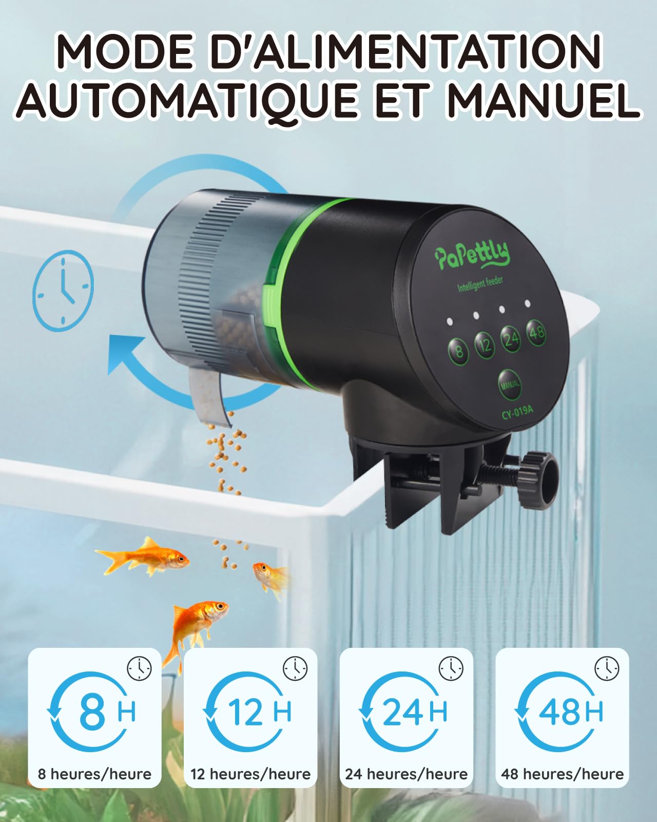 Papettly Distributeur automatique de nourriture pour poissons d'aquarium fonctionnant avec piles - 200 ml - 2 piles AAA incluses