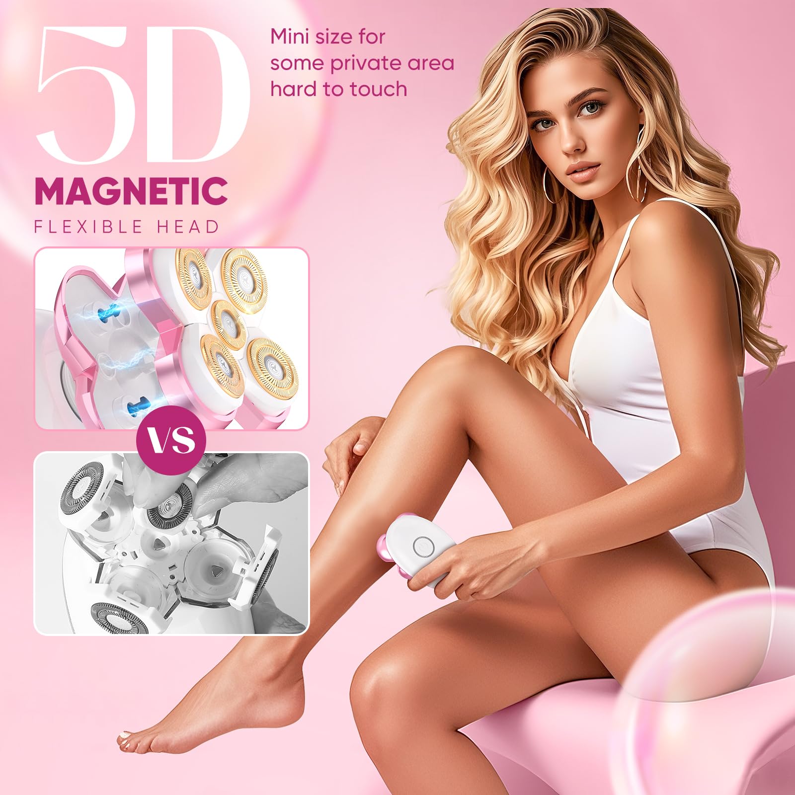Rasoi elettrici da donna – Rasoio elettrico magnetico aggiornato da donna, senza fili, indolore, per gambe e bikini, per pelli sensibili, rimovibile e impermeabile, rosa