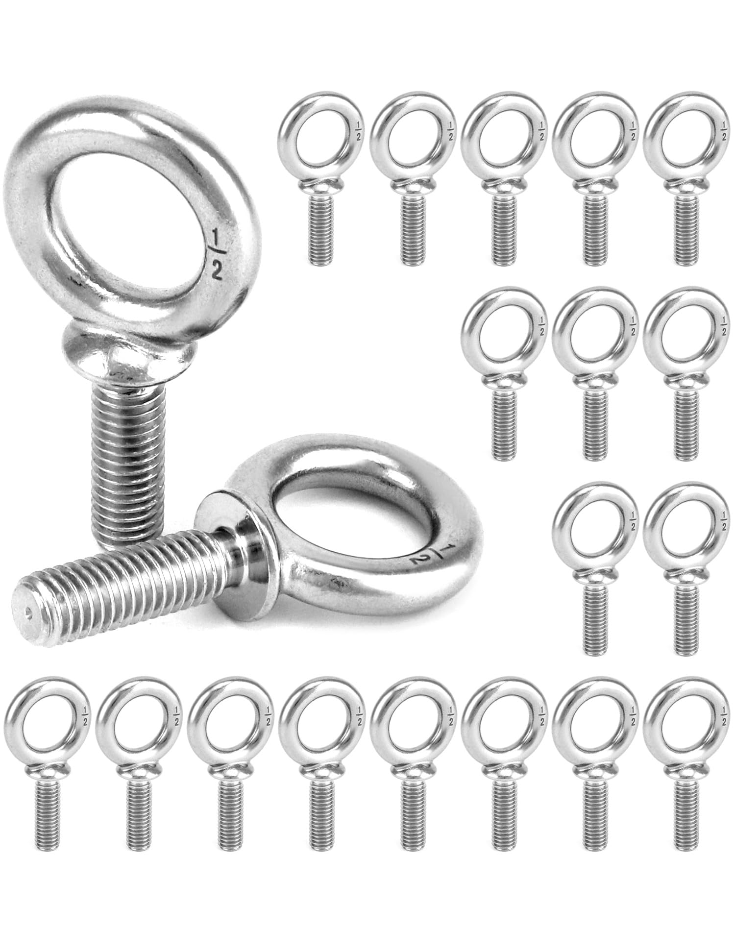 QWORK Bulloni ad occhiello, confezione da 20 occhielli filettati da 1/2" - 33 x 3,8 cm, in acciaio inossidabile di grado marino, per macchine e spallamenti
