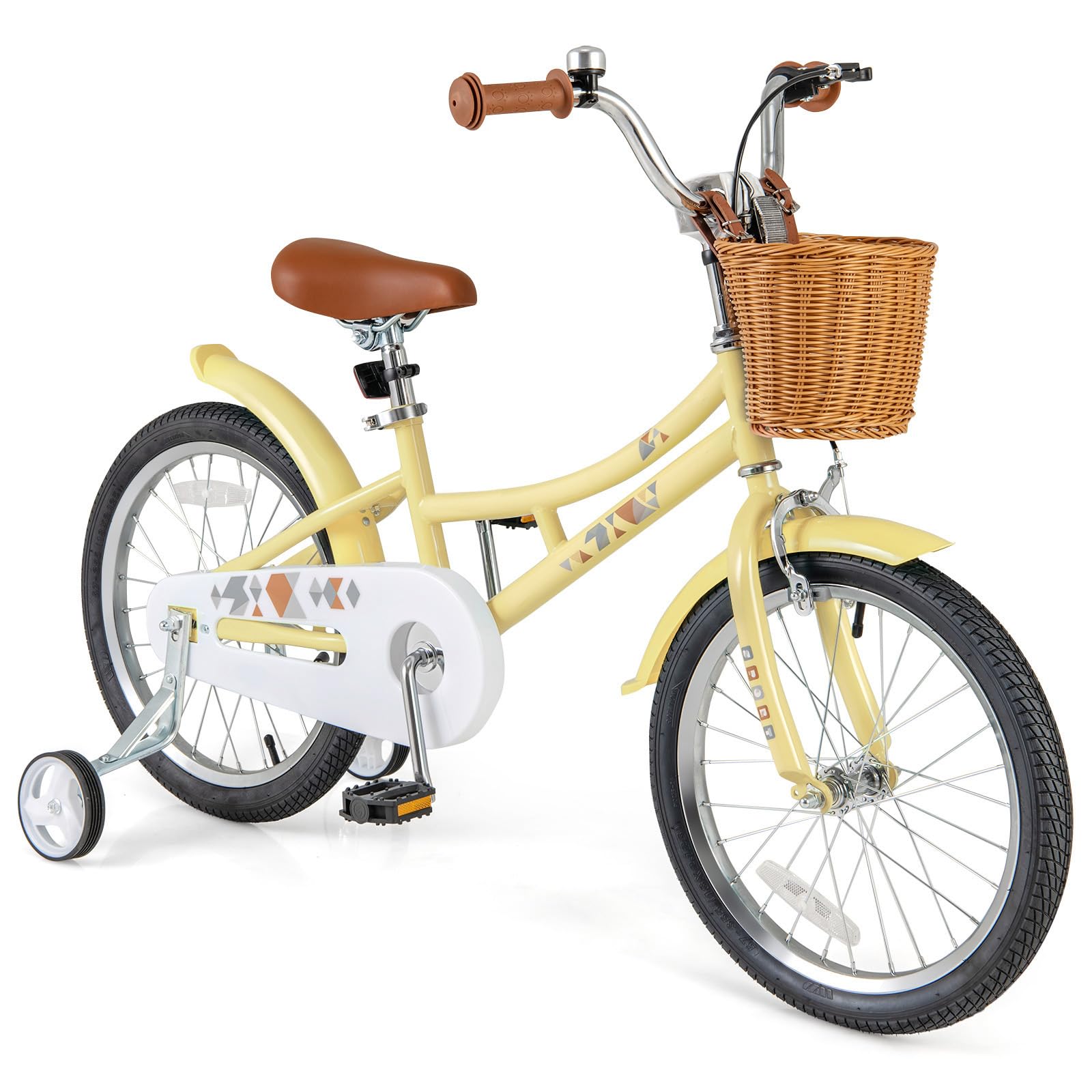 BABY JOY Retro Kids Bike, 12 14 16 18 Inch Child Bike for 3-8 Years Old w/Rattan Basket, Adjustable Height, Training Wheels, Fenders, Handbrake Coaster Brake, 95% Pre-Assembled Kids Bicycle for Girls