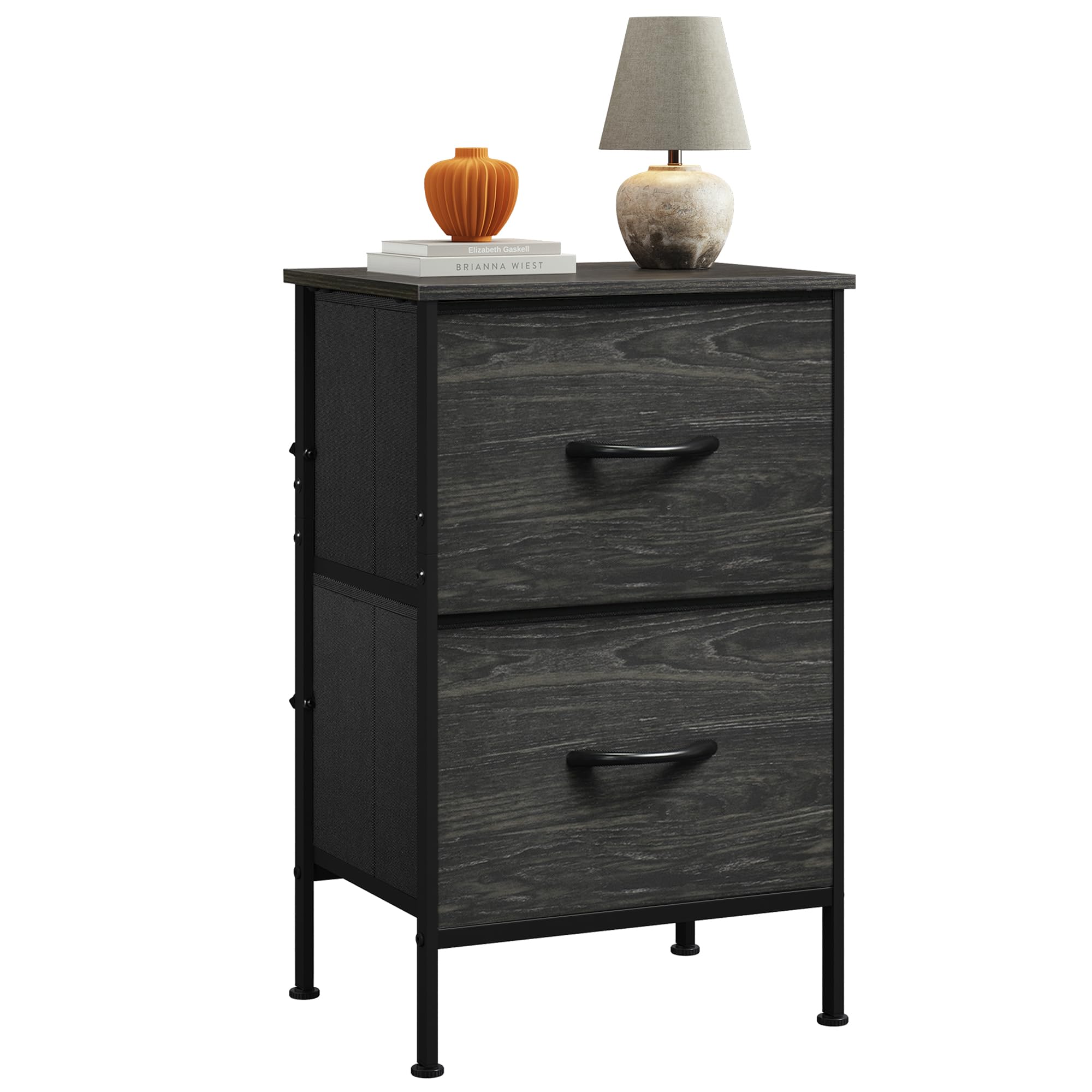 WLIVE Nightstand, Nightstand with 2 Drawers, Bedside Furniture, Night Stand, Small Dresser for Bedroom, College Dorm, End Table with Fabric Bins, Dormitory, Charcoal Black Wood Grain Print, Size L