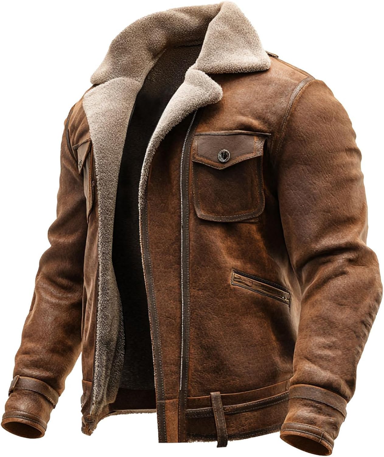 Suede Jacket Men Big and Tall Leather Bomber Jacket Warm Fleece Lined Coat Lapel Work Casual Fall Winter Outweart Brown