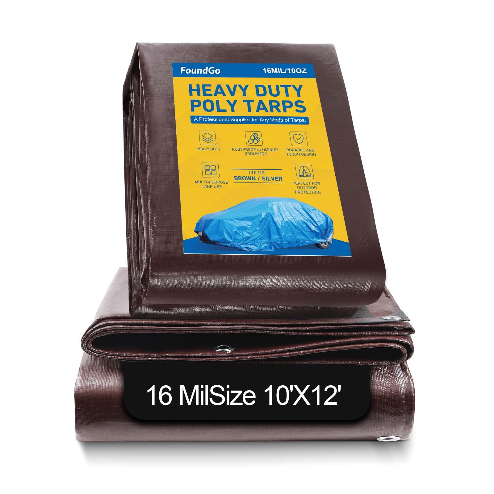 FoundGo Heavy Duty Tarps 16mil, Super Thick Tarp Cover Waterproof Poly Tarpaulin with Grommets UV Resistant for Canopy, Roof Tent, Boat, Patio, RV, Pool or Camping（brown, 10′X 12′）