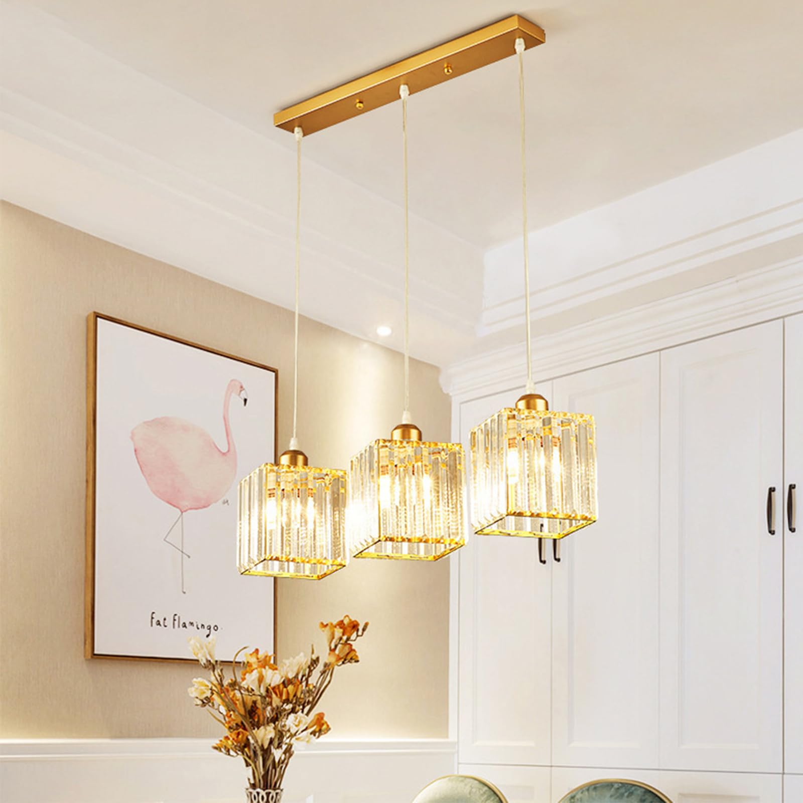 purpleq Gold Luxury Hanging During Lighting Lamp,LED Rectangle Ceiling Light for Living Room Bedroom Dining Room,Simple Rectangular Crystal Lamp,E27 Modern Round Crystal Chandelier-Black. 3 Head,Gold