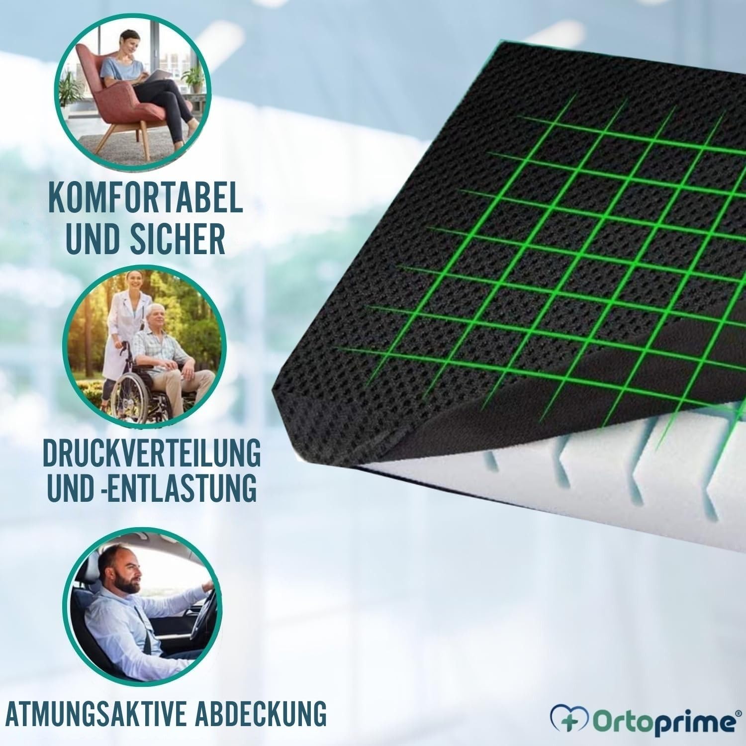 OrtoPrime Dekubitus Orthopädisches Entlastungskissen aus 3D-Schaumstoff mit Kanalsystem Komfort - Prävention Dekubitus Sitzkissen und Druckentlastung - Rollstuhl Sitzkissen Büro Telearbeit & Zuhause