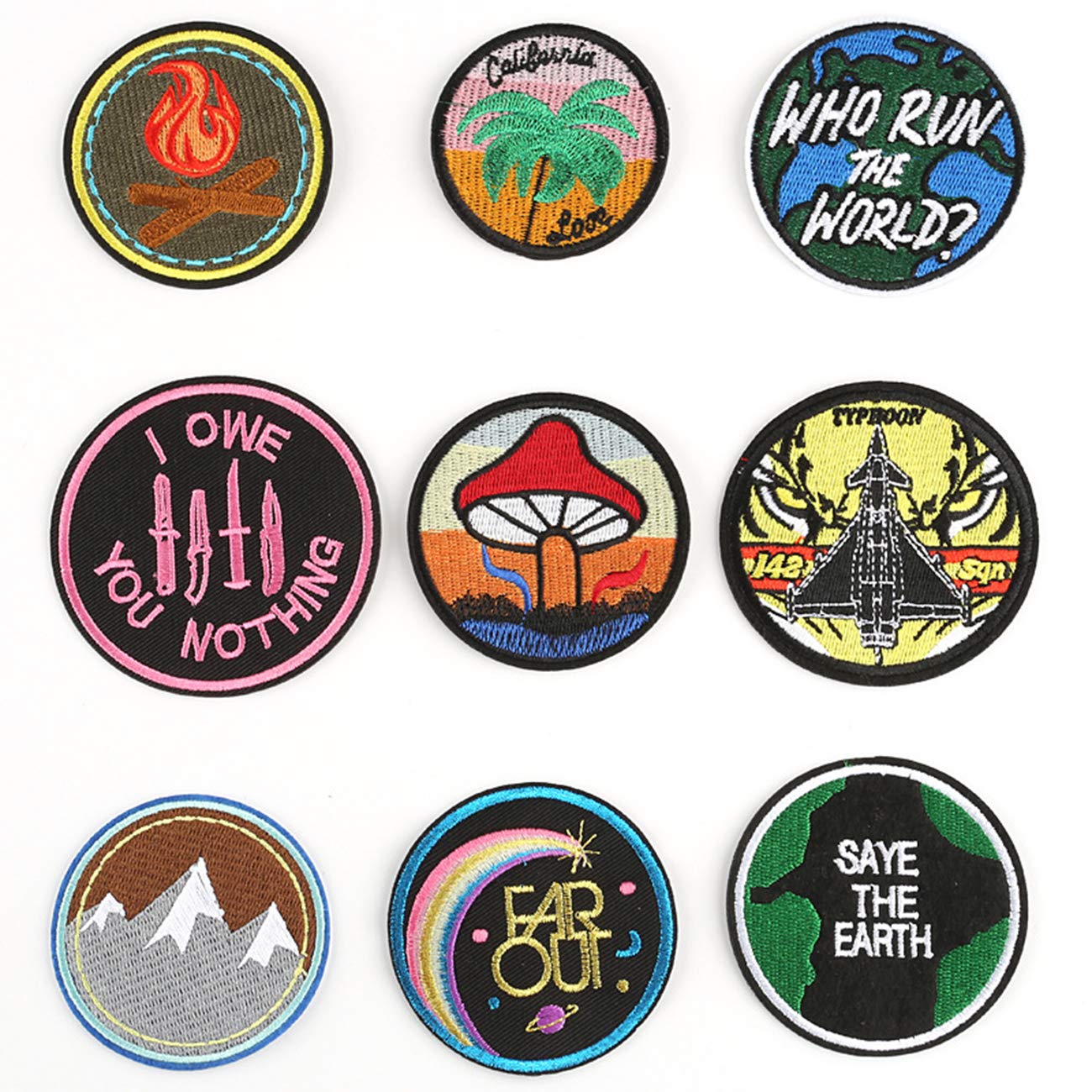 Military Ba 9pcs Iron On Travel Patch/Great Gift or Souvenir for Backpack Travellers California,Who Run The World, I Owe You Nothing, Far Out, Saye The Earth