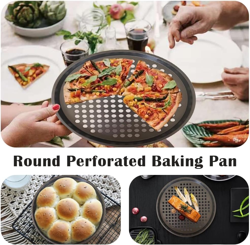 Perforated Pizza Pan, 2-Pack Oven Ready Pizza Tray, Carbon Steel Perforated Pizza Pan, Non-Stick Round Pizza Baking Pan for Frozen and Homemade Pizza Home Kitchen Restaurant - 11 Inch, Black - Image 5