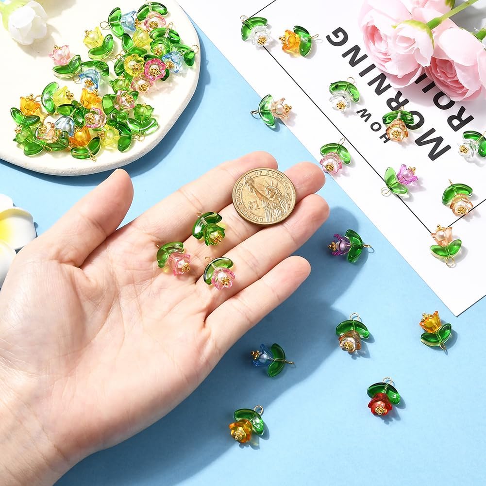 SUNNYCLUE 1 Box 50Pcs Lily of The Valley Flower Charms Floral Acrylic Charms Colorful Bell Flower Glass Green Leaf with Brass Loop Dangle Pendants for Jewelry Making DIY Earrings Crafts Supplies - Image 4