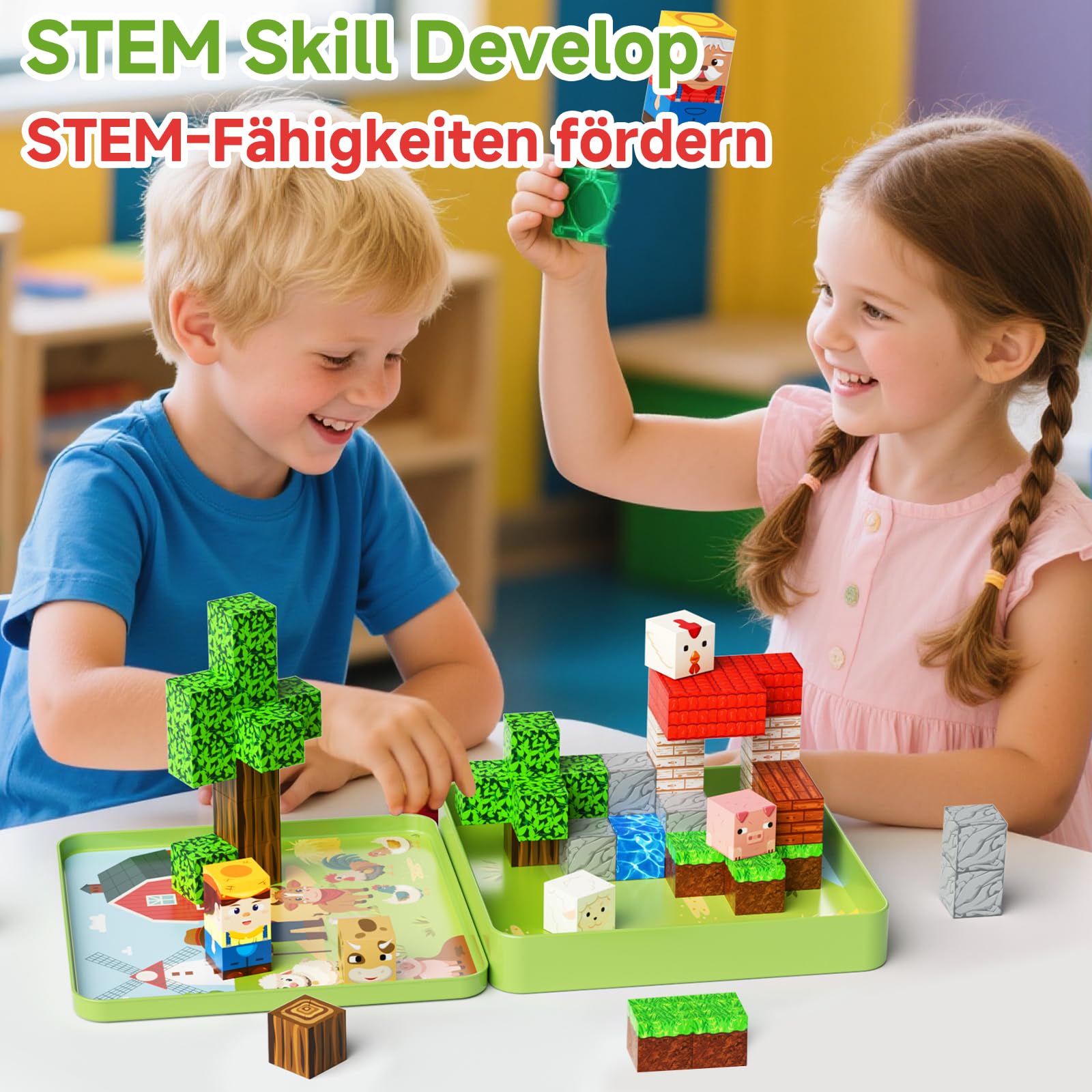 Giocattoli da viaggio a blocchi magnetici, 49 pezzi di blocchi da costruzione magnetici per bambini da 3-8 anni, giocattoli da viaggio per l'apprendimento prescolare STEM (Tema della fattoria)