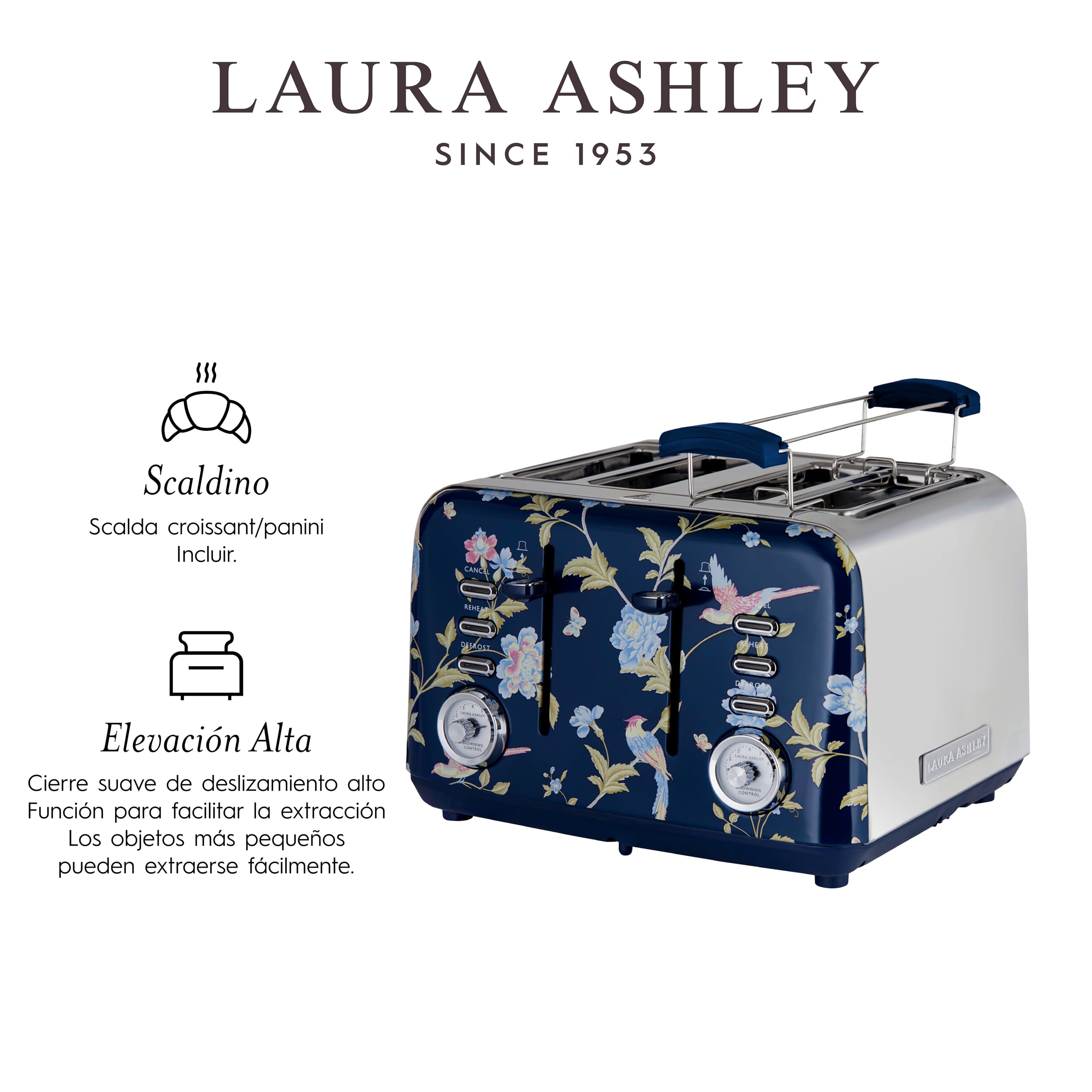 VQ Laura Ashley Elveden Navy Tostadora Acero Inoxidable 4 Ranuras | Modos Calefacción Descongelación Recalentamiento Ajustables Vintage Soporte Calentar Croissants