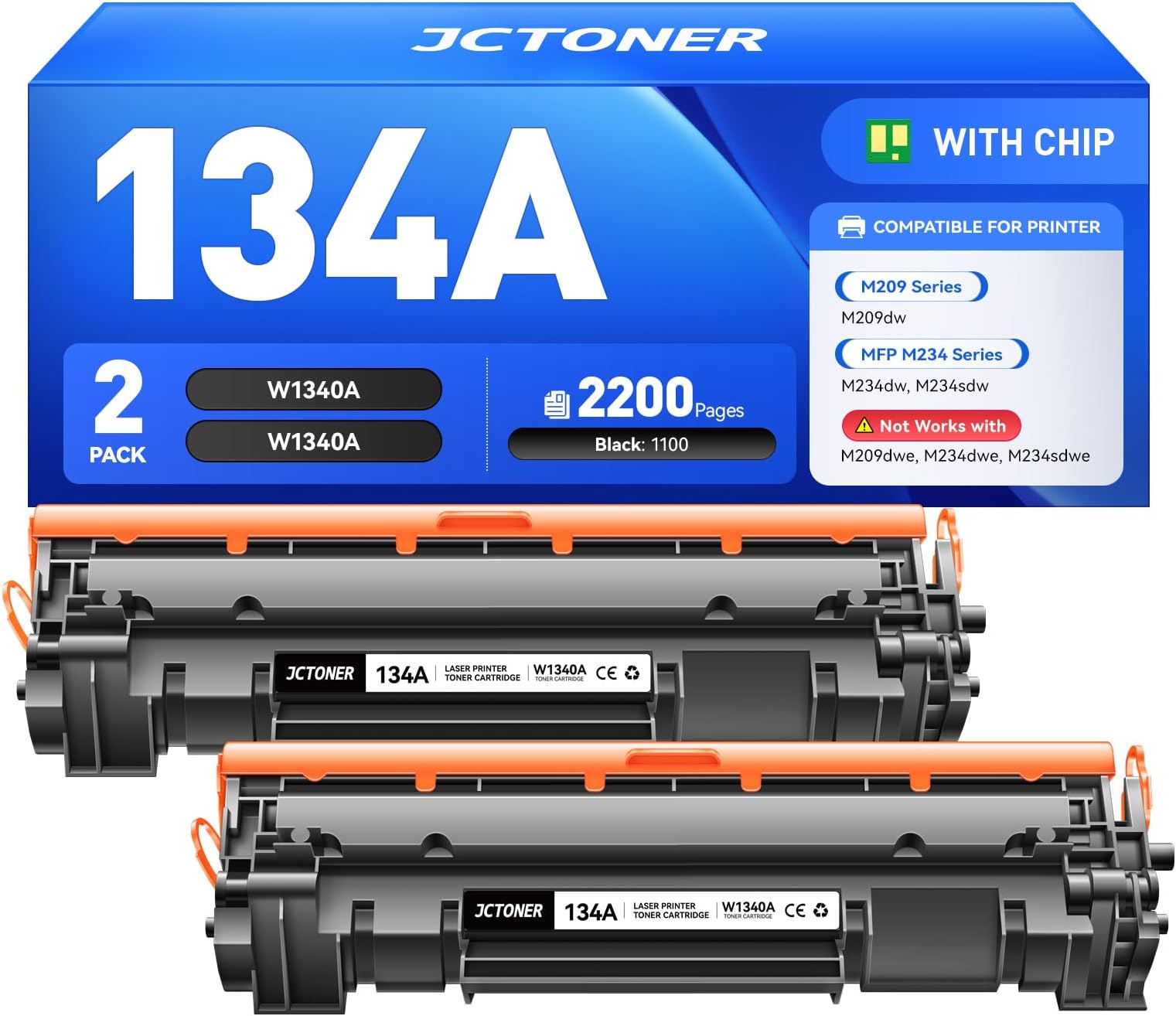 134A Toner Cartridge 2-Pack with Chip Compatible for HP134A W1340A 134X W1340X for HP Laserjet M209dw MFP M234dw M234sdn M234sdw Printer M234 M209 Laser All-In-One Copier Ink 134A Black Monochrome Set
