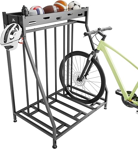 Soporte de 3 bicicletas estable para bicicletas, garaje con cestas de almacenamiento para interiores, estante de almacenamiento de bicicletas para