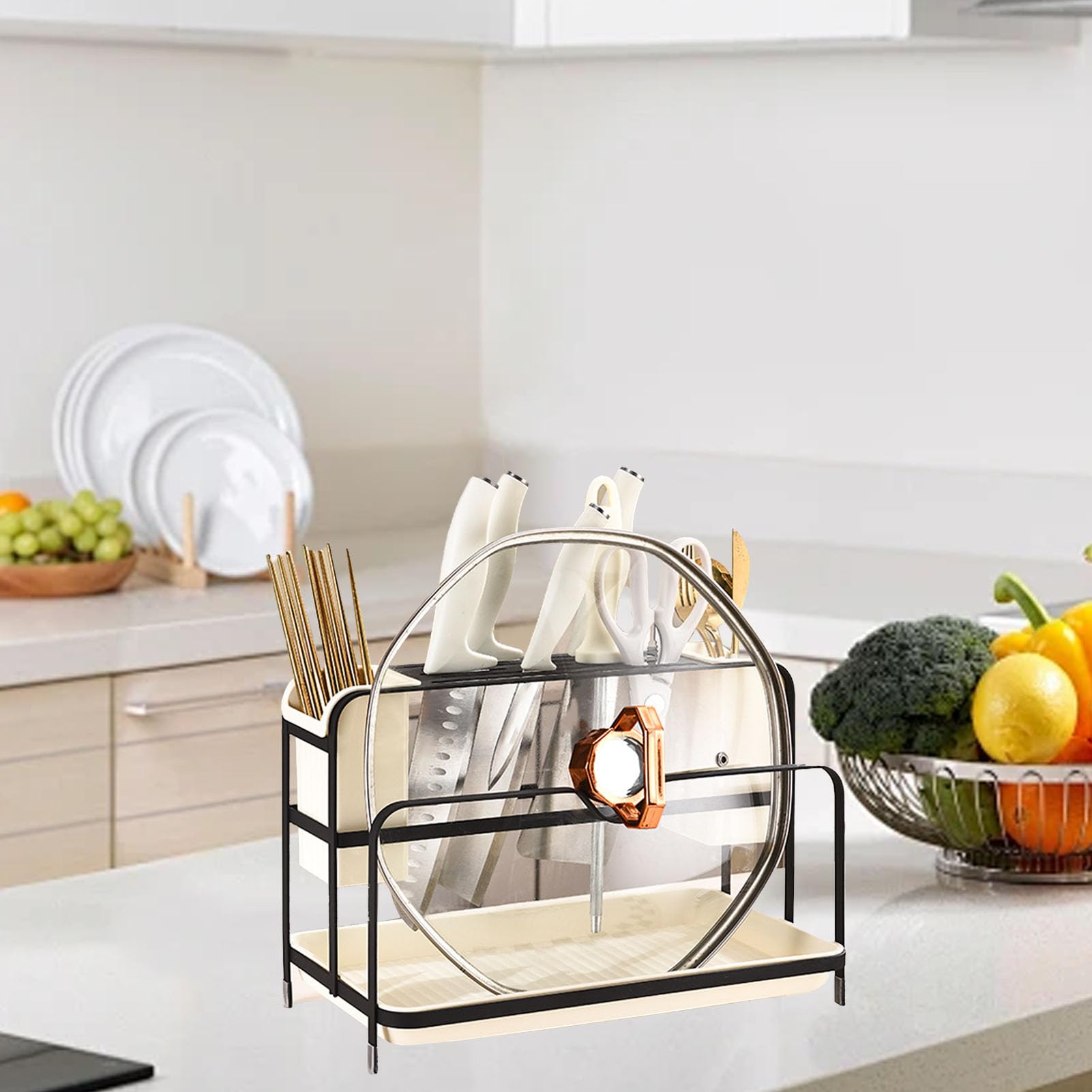 Porte - Baguettes Égouttoir, Support D'ustensiles De Cuisine Multifonctionnel En Acier Carbone Et PP Avec Bac De Récupération, Organisez Baguettes Cuillères Fourchettes Pour Maison (Noire)