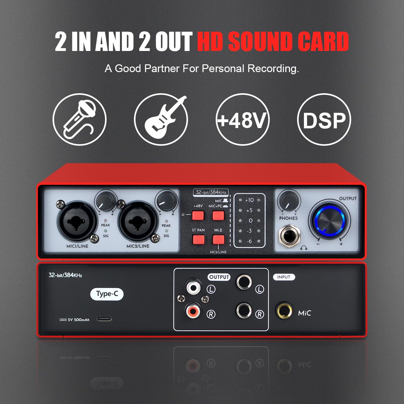 Interfaccia Audio USB 2 in 2-out, 32 Bit/384 kHz DSP, Registrazione Scheda Audio Mixer Audio per Home Studio può Collegare Microfono a Condensatore da 48 V, NMX02-RED