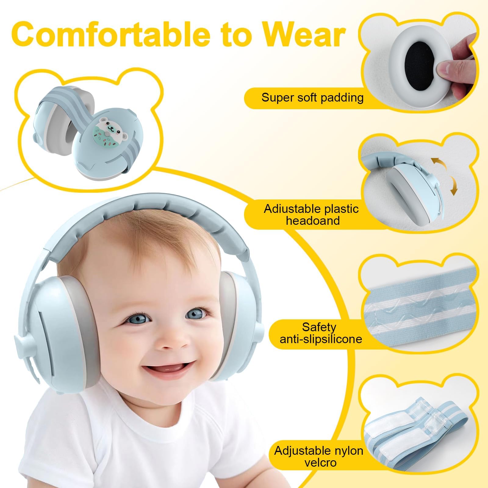 Robofun 2 in 1 Cuffie Neonato Antirumore, Protettori Acustici per Neonati -25dB, Fasce Regolabili, Protezione Acustica Ideale per Neonati fino a 48 Mesi, Confortevoli