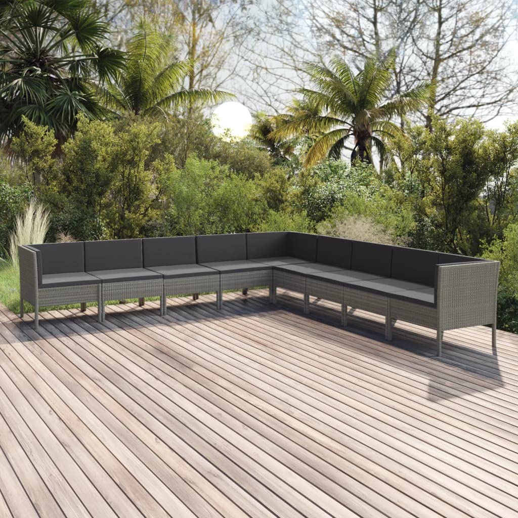 Set da giardino da 9 pezzi in polyrattan grigio con cuscini, struttura in acciaio verniciato a polvere, resistente alle intemperie, 6 divani, 3 divani angolari