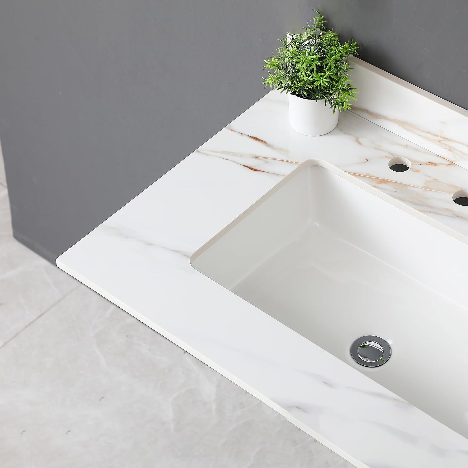 Montary 31"x 22" Bathroom Vanity Top with Undermounted Large Ceramic Sink & Backsplash, Sintered Stone Artificial Marble Vanity Sink Tops with 3 Pre-Drilled Hole, Gray Gold Veins