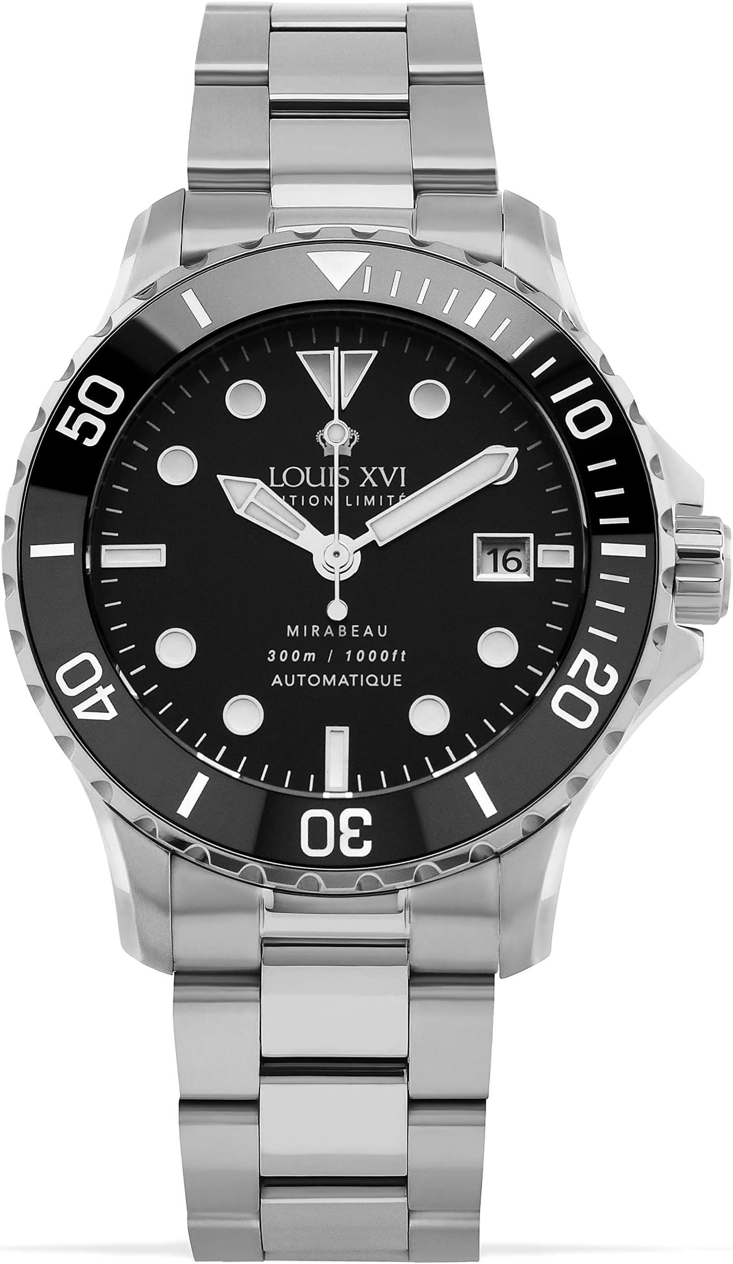 Louis XVI Mirabeau Diver Watch for Men 41 mm Swiss Automatic Movement Stainless Steel Strap Silver with Black Super-LumiNova Dial 1400